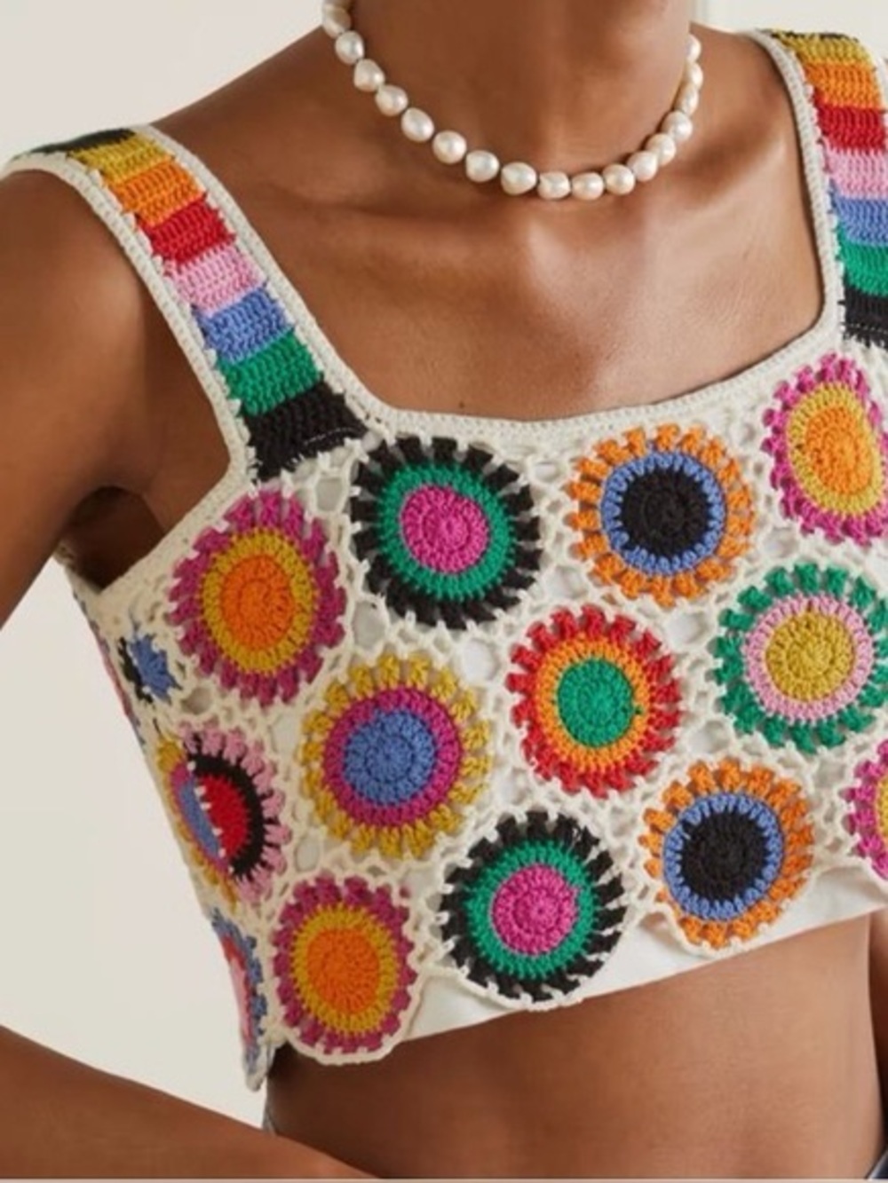 Farm Rio Crochet Matching Set Granny Square Crop Top Shorts Red Pink Size Medium - Picture 5 of 15